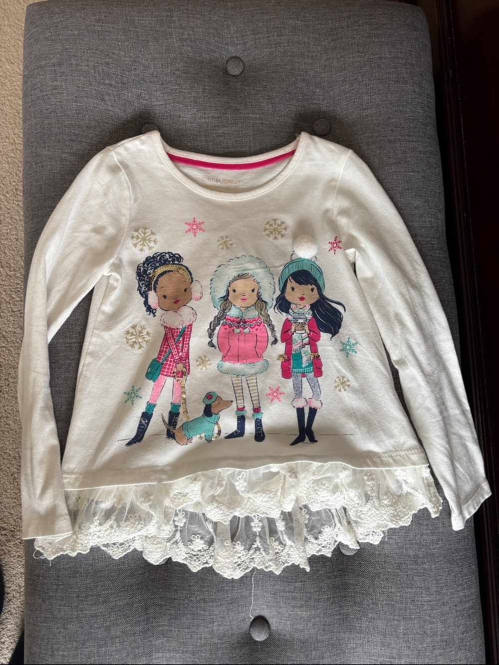 Cynthia Rowley White Long-Sleeve Girls Winter Graphic Top with Lace Hem
